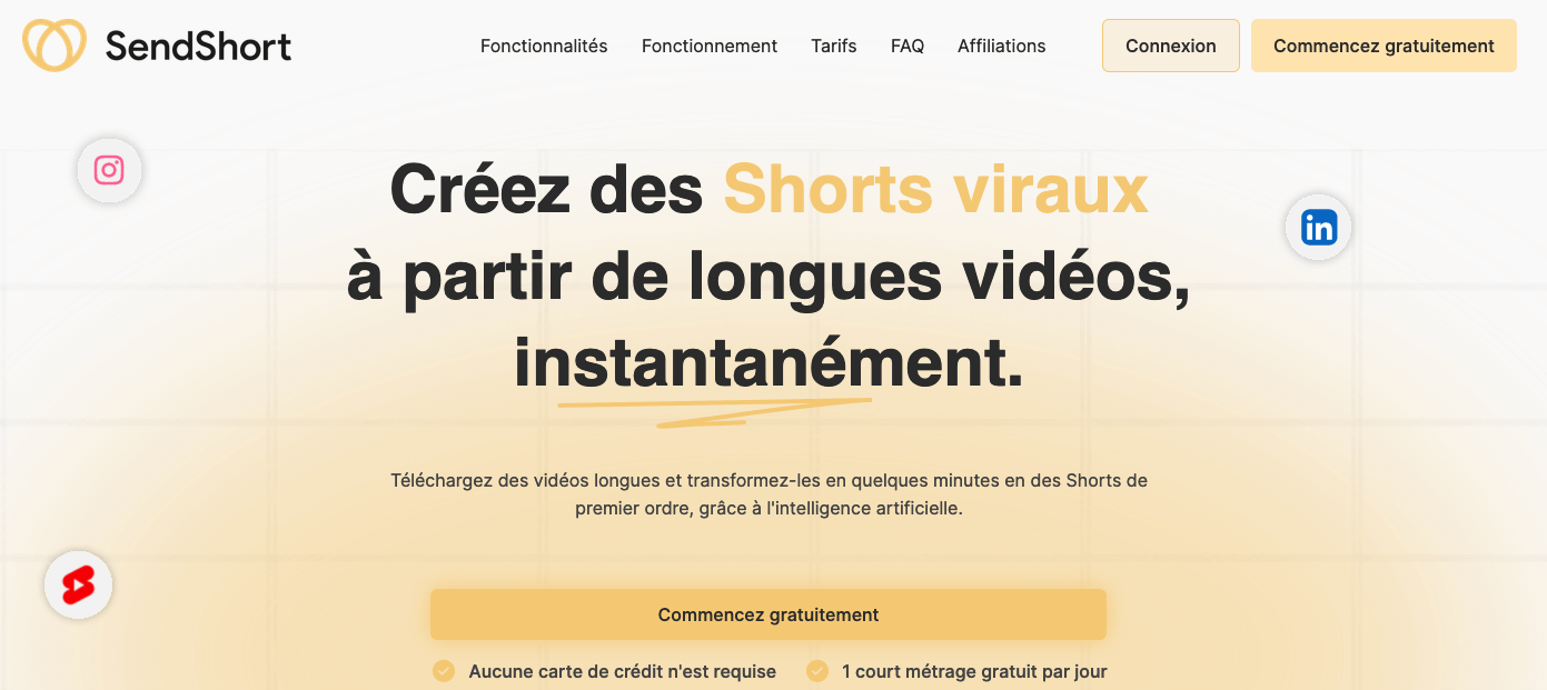 sendshort-fr créez des shorts à partir de vidéos longues avec SendShort